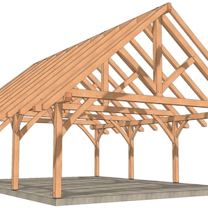 Puede incluir: Representación arquitectónica detallada de una estructura de madera, probablemente un pabellón o una cochera. El diseño presenta un tejado a dos aguas sostenido por una serie de postes verticales y vigas anguladas. La madera es de color marrón claro natural, sobre una base de hormigón.
