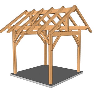 Può includere: Una struttura in legno per un patio o un portico coperto. La struttura è realizzata con travi in legno naturale ed è sostenuta da quattro pilastri. La struttura è progettata per sostenere un tetto.