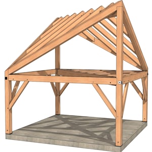 May include: A wooden gazebo with a gabled roof. The gazebo has a square base and four posts supporting the roof. The roof is made of wooden beams and rafters.