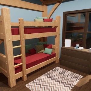 May include: A wooden bunk bed with a red mattress and green and red pillows. The bed is in a room with a window, a dresser, and a guitar.
