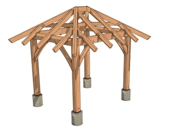 Planos de pabellón con estructura de madera y techo a cuatro aguas de 8x10 (Descarga PDF)