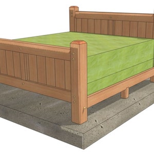 May include: A wooden bed frame with a green mattress. The bed frame has a simple design with a few decorative details. The bed is sitting on a concrete base.