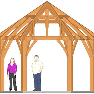 Peut inclure: Un gazebo en bois avec un toit en pente et un design simple. Le gazebo est fait de bois naturel et a un aspect rustique. Deux personnes se tiennent devant le gazebo.