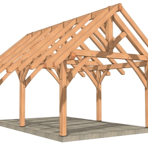 Op de afbeelding: Een lichtbruine houten constructie met een zadeldak, ondersteund door verticale palen. Het ontwerp heeft zichtbare balken en spanten, waardoor een openluchtschuilplaats ontstaat. De constructie staat op een betonnen basis.