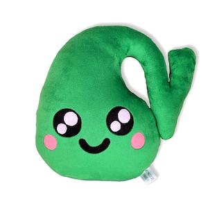 May include: Green plush pillow shaped like a cartoon teardrop with a smiling face, big eyes, and pink cheeks.
