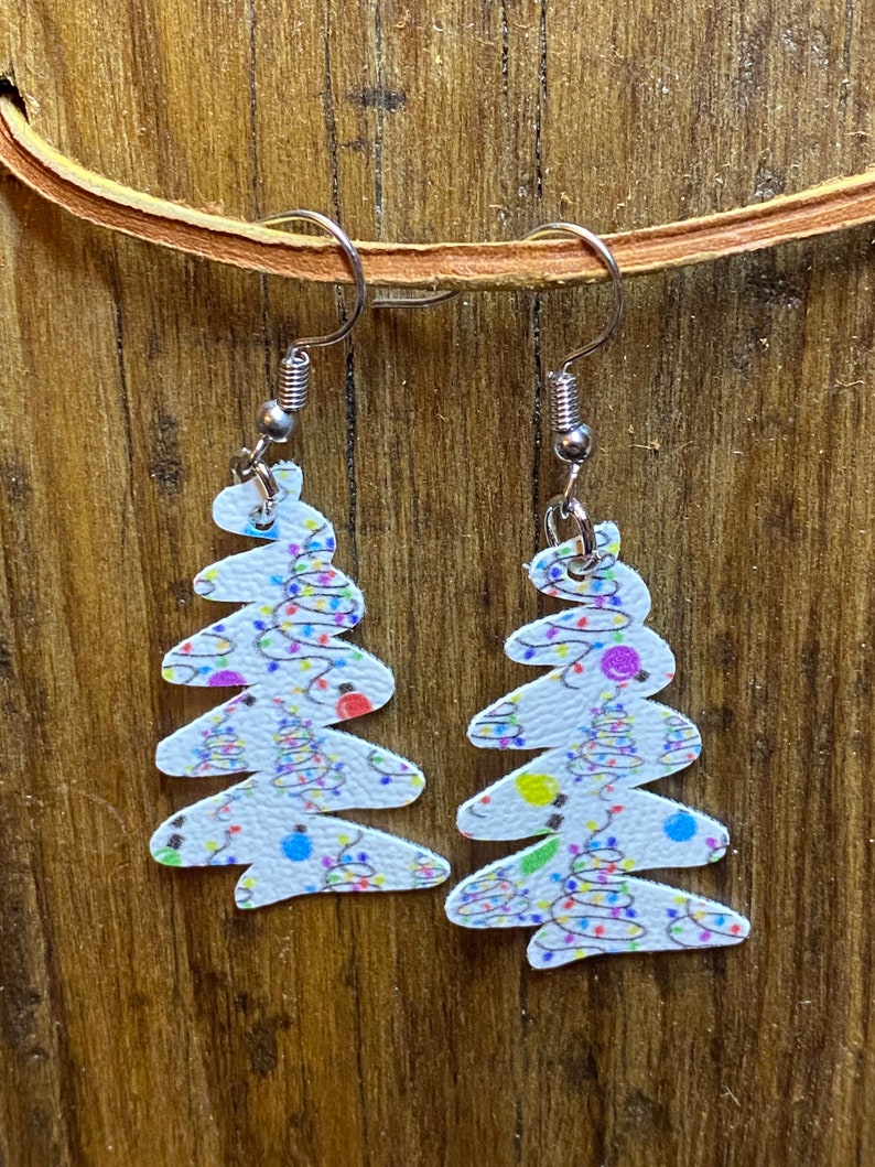 Mini White Twisted Christmas Tree Faux Leather Earrings