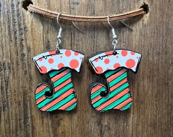 Red and Green Christmas Stocking Wood Earrings