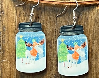 Moose Jar Christmas Wood Earrings