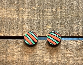 Red and Green Stripe Stud Wood Earrings