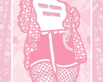 May include: Pink and white illustration of a top and shorts outfit. The white top has the text "THICK-THIGHED NIGHTMARE". The outfit includes fishnet stockings and a chain. The background is a light pink marble design.