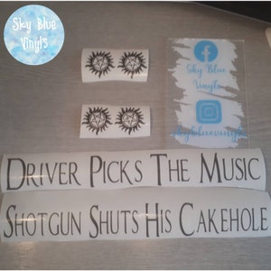 Supernatural car stickers, driver picks the music, shotgun shuts his cakehole, supernatural logo, supernatural gift, car decals
