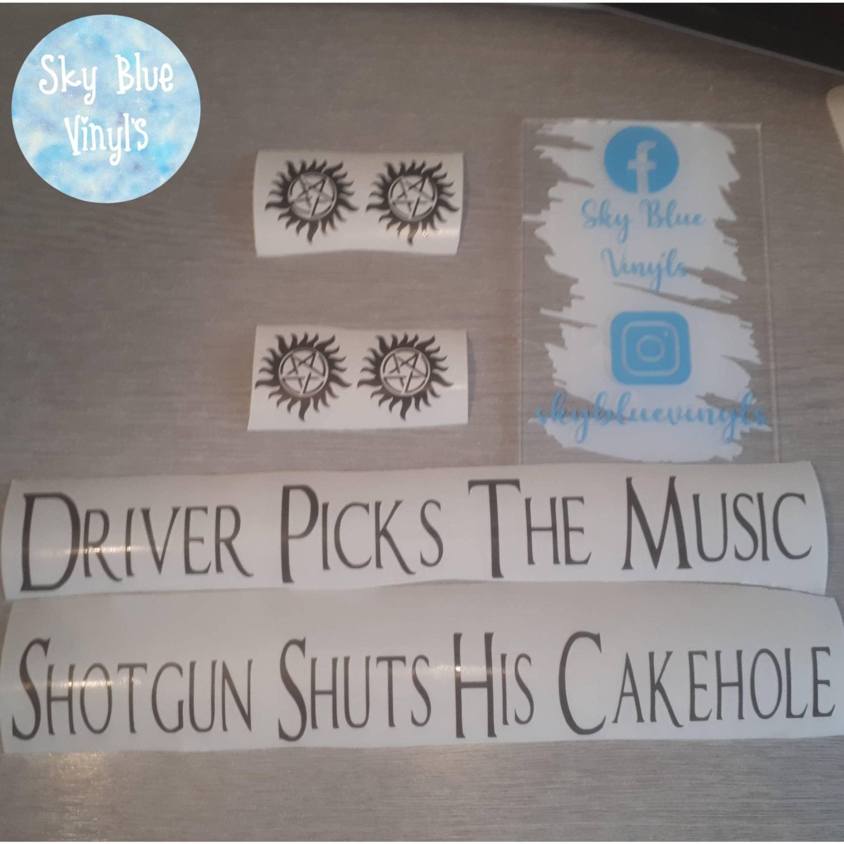 Supernatural car stickers, driver picks the music, shotgun shuts his cakehole, supernatural logo, supernatural gift, car decals
