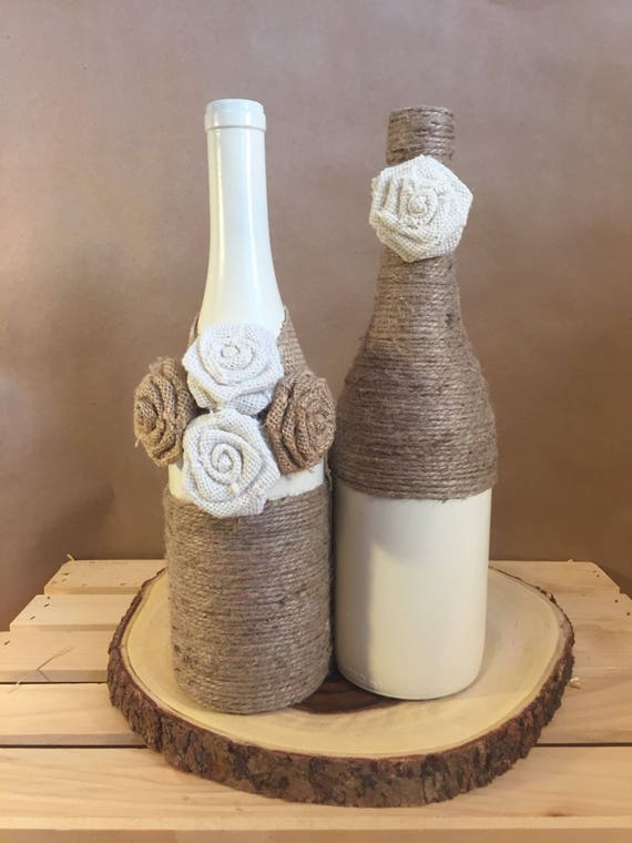 Cream Colored Wine Bottle Wrapped In Twine And Burlap With Etsy