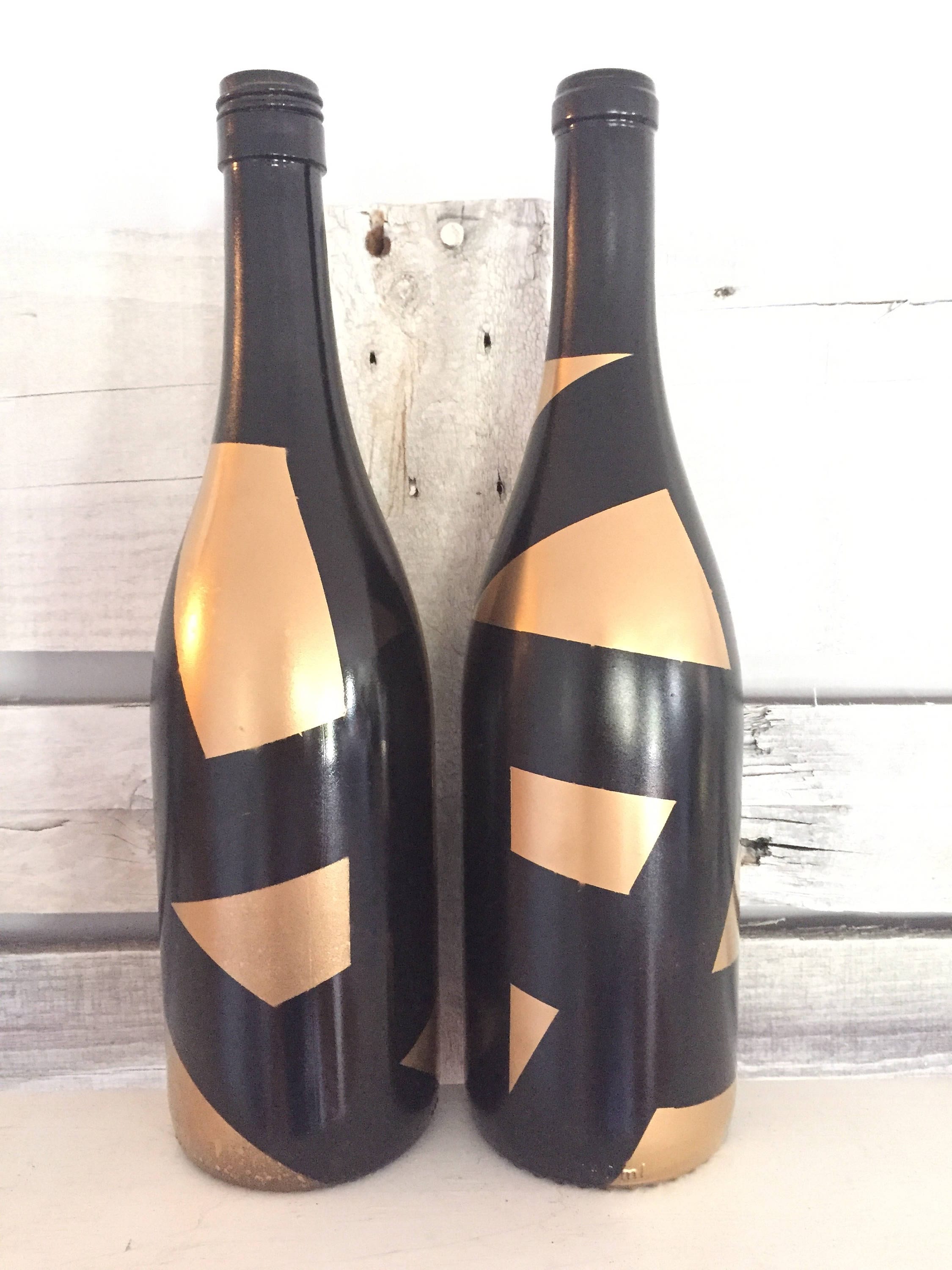 Black and Gold Colorblock Wine Bottles Home Decor Etsy