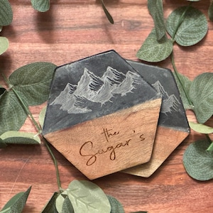 Custom Engraved Marble Wood Coasters, Personalized Gifts Coaster Set, New Home Gift, Housewarming Gifts, Newly Wed Gift, Anniversary Gift