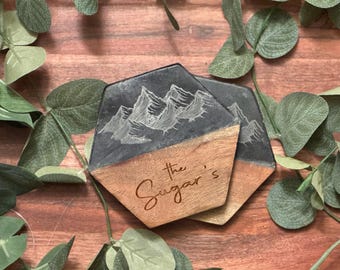Posavasos personalizados de mármol grabado y madera de acacia, juego de posavasos personalizados