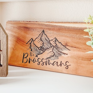 Laser Engraved Mountain Personalized Acacia Wood Serving Platter Board for Holiday Gift, Wedding Gift, Newlywed Present, Custom Family Name