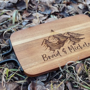 Laser Engraved Personalized Acacia and Metal Industrial Cutting Board for Holiday Gift, Wedding Gift, Newlywed Present, Custom Name