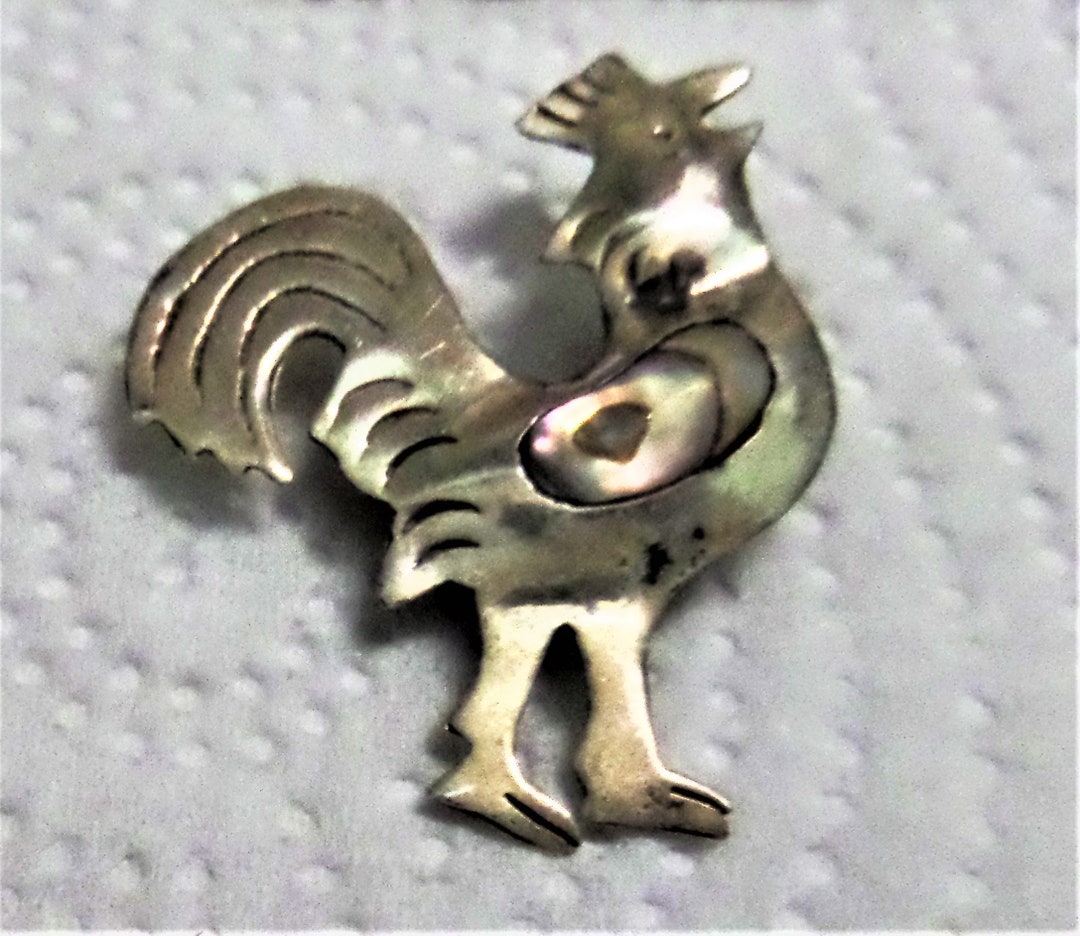 Rooster Inlay Early Sterling Silver Brooch. Rooster. Mother of Pearl Inlay. 1910's ...