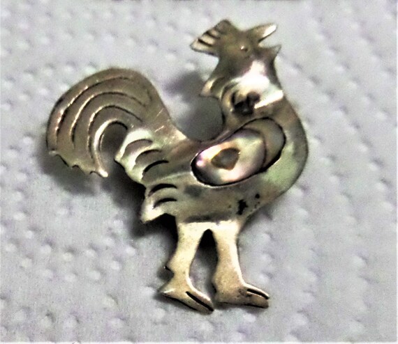 Early Sterling Silver Brooch.  Rooster.  Mother o… - image 1