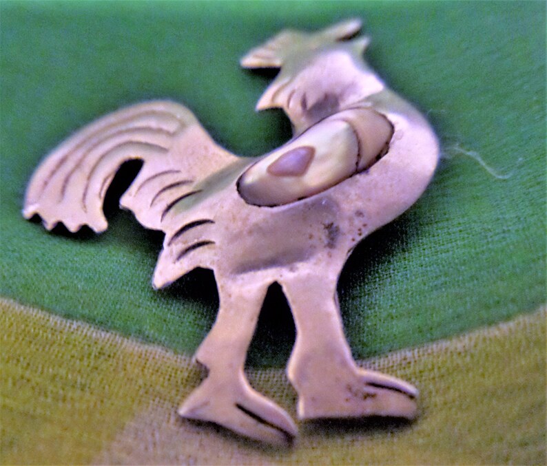 Rooster Inlay Early Sterling Silver Brooch. Rooster. Mother of Pearl Inlay. 1910's ...