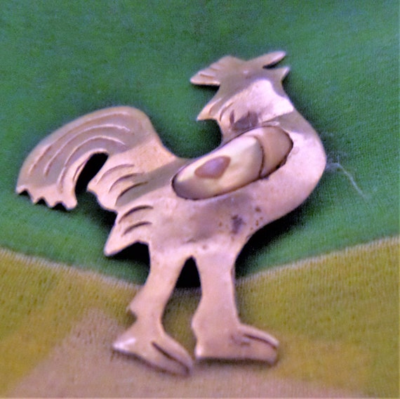 Early Sterling Silver Brooch.  Rooster.  Mother o… - image 3