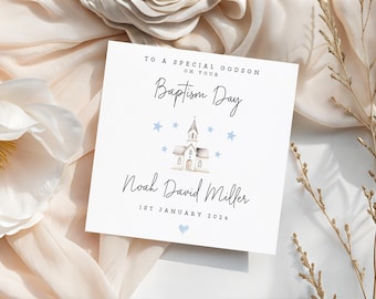 Personalised Baptism Card For Godson, Baby Boy Keepsake, Blue Church Illustration