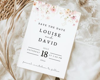 Wedding Save The Date Cards With Envelopes, Pink Floral Theme, Modern Wedding Stationery Invite