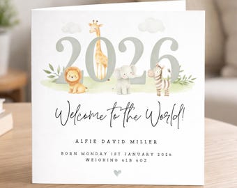 Personalised New Baby Card, Welcome to the World, Newborn Baby Boy, Green Safari Scene