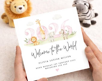 Personalised New Baby Card, Welcome to the World, Newborn Baby Girl, Pink Safari Scene