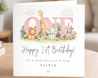 Personalised 1st Birthday Card, Safari Animals Theme, Gift For Little Girl