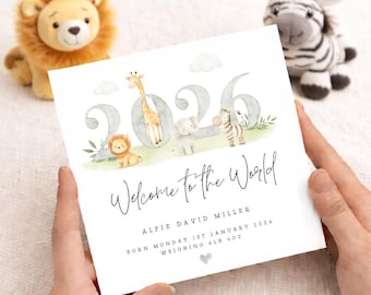 Personalised New Baby Card, Welcome to the World, Newborn Baby Boy, Green Safari Scene