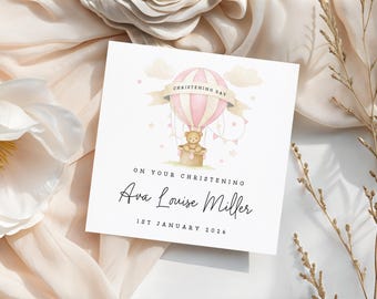 Personalised Christening Card For Girl, Baby Girl Keepsake, Pink Hot Air Balloon