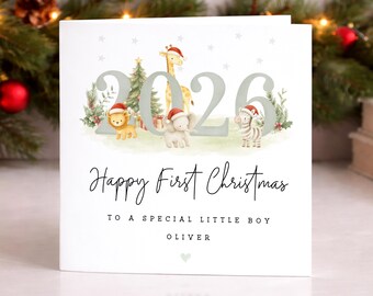 Personalised Children's First Christmas Card - 2026 Christmas Safari Scene - 1st Christmas Card for Child
