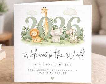 Personalised New Baby Card, Welcome to the World, Newborn Baby Boy, Green Safari Scene