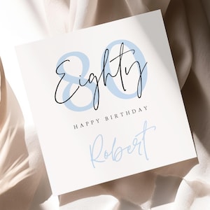 May include: A square greeting card with a white background featuring the light blue number 80 overlaid with the black cursive text Eighty. Below this, the text HAPPY BIRTHDAY is printed in black, followed by the name Robert in light blue script.