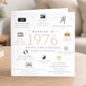 May include: A square anniversary greeting card featuring the text Married in 1976 and Happy Anniversary Nanny & Grandad. The design includes illustrations of a clapperboard, keys, television, crown, globe, trophy, cassette tape, and yin-yang symbol.