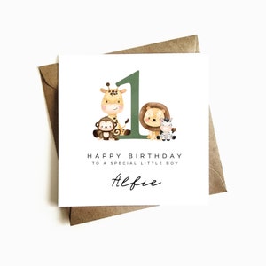 Carte d'anniversaire personnalisée pour enfant - numéro d'animaux de safari - anniversaire de famille - cadeau de premier anniversaire - carte de 1er anniversaire - pour enfant