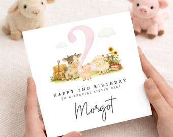 Personalised 2nd Birthday Card, Farmyard Animals Pink Theme, Gift For Little Girl, Spring Birthday