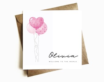 Personalised Pink Balloons New Baby Card - Welcome to the World Card - Newborn Baby Girl - Baby Girl Gift - Welcome Baby Card - For New Born