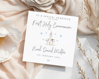 Personalised First Holy Communion Card For Grandson, Keepsake for Boy, Blue Church Illustration