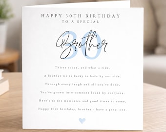 30th Birthday Poem Card for Brother, Keepsake Birthday Gift for Sibling, Landmark Birthday Card, Milestone Birthday for Him