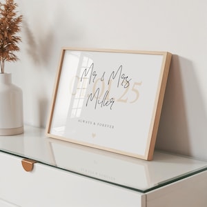 May include: A framed print with the text "Mr & Mrs Miller" and the date "01.25". The print has a light wood frame and a cream-colored background. The words "ALWAYS & FOREVER" are printed below the names.