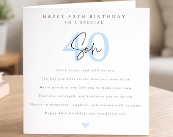 40th Birthday Poem Card for Son, Keepsake Birthday Gift for Son, Landmark Birthday Card, Milestone Birthday for Him