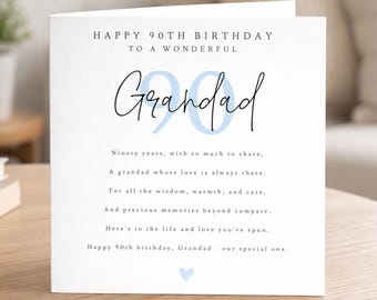 90th Birthday Poem Card for Grandad, Keepsake Birthday Gift for Grandfather, Landmark Birthday Card, Milestone Birthday for Him
