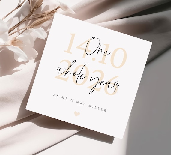 Personalised First Anniversary Card, 'One Whole Year as' - Anniversary Gift for Husband / Wife, 1st Anniversary Card, Paper Anniversary Gift