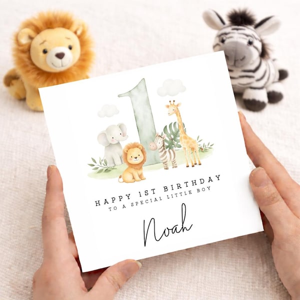 Personalised 1st Birthday Card, Safari Animals Theme, Gift For Child
