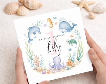 Personalised 1st Birthday Card, Under the Sea Pink Theme, Gift For Little Girl