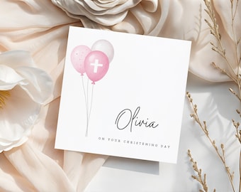 Personalised Christening Card For Girl, Baby Girl Keepsake, Pink Balloons