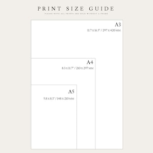 Op de afbeelding: Een afbeeldingsgids met drie papierformaten: A3 (297 x 420 mm), A4 (210 x 297 mm) en A5 (148 x 210 mm). De tekst "PRINT SIZE GUIDE" staat bovenaan, met een opmerking dat prints zonder frame worden verkocht.